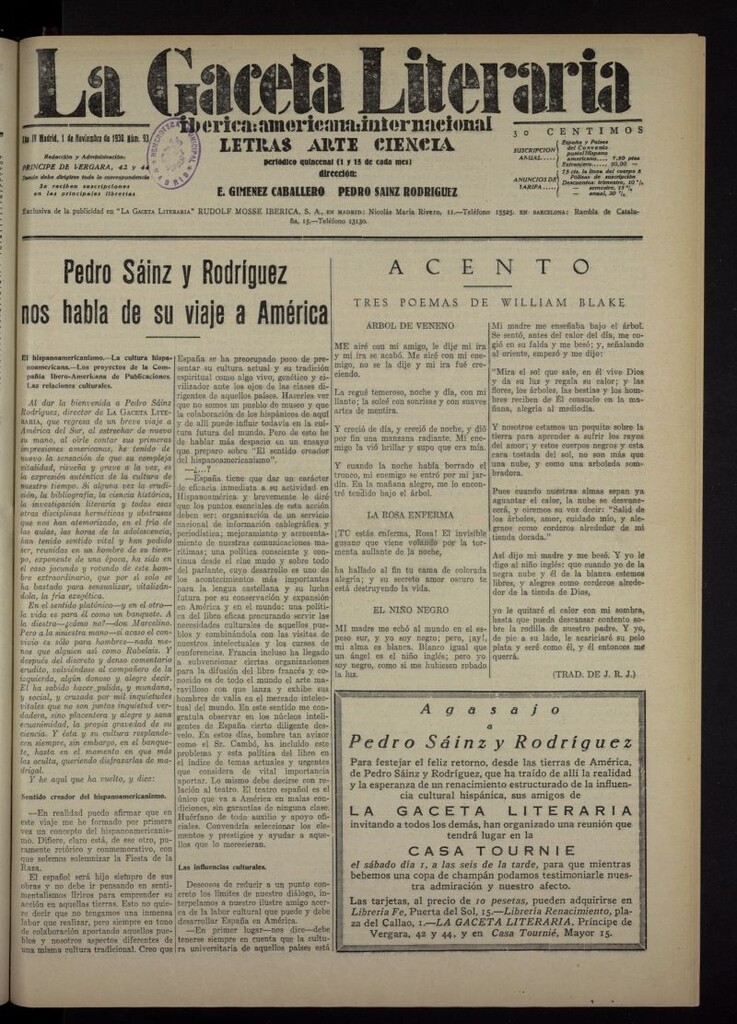 Miniatura de La Gaceta Literaria : ibérica, americana, internacional del 1 de noviembre de 1930, nº 93
