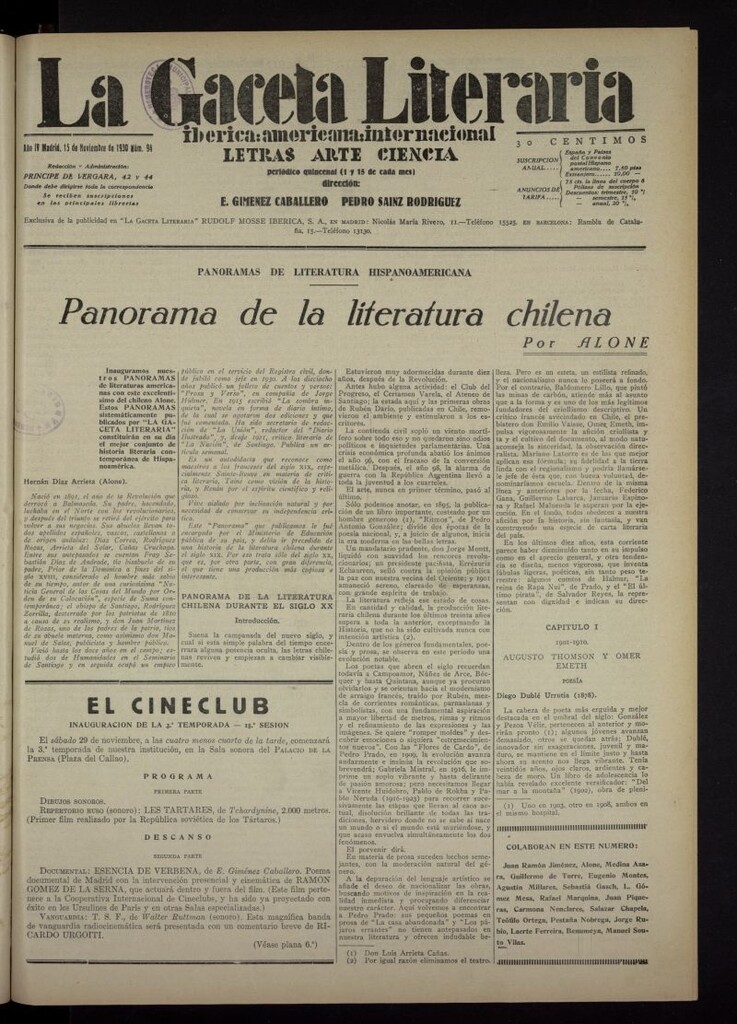 Miniatura de La Gaceta Literaria : ibérica, americana, internacional del 15 de noviembre de 1930, nº 94