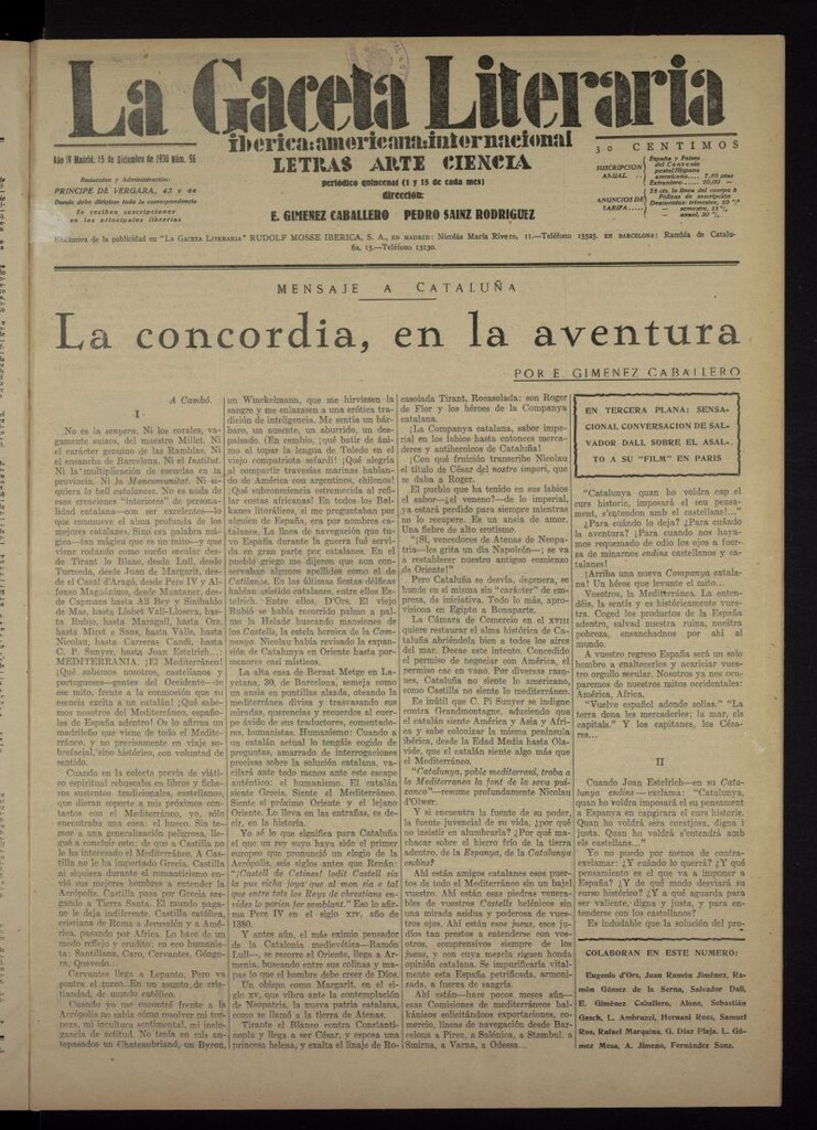 Miniatura de La Gaceta Literaria : ibérica, americana, internacional del 15 de diciembre de 1930, nº 96