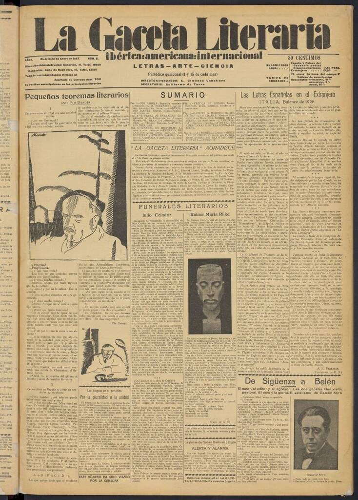 Miniatura de La Gaceta Literaria : ibérica, americana, internacional del 15 de enero de 1927, nº 2