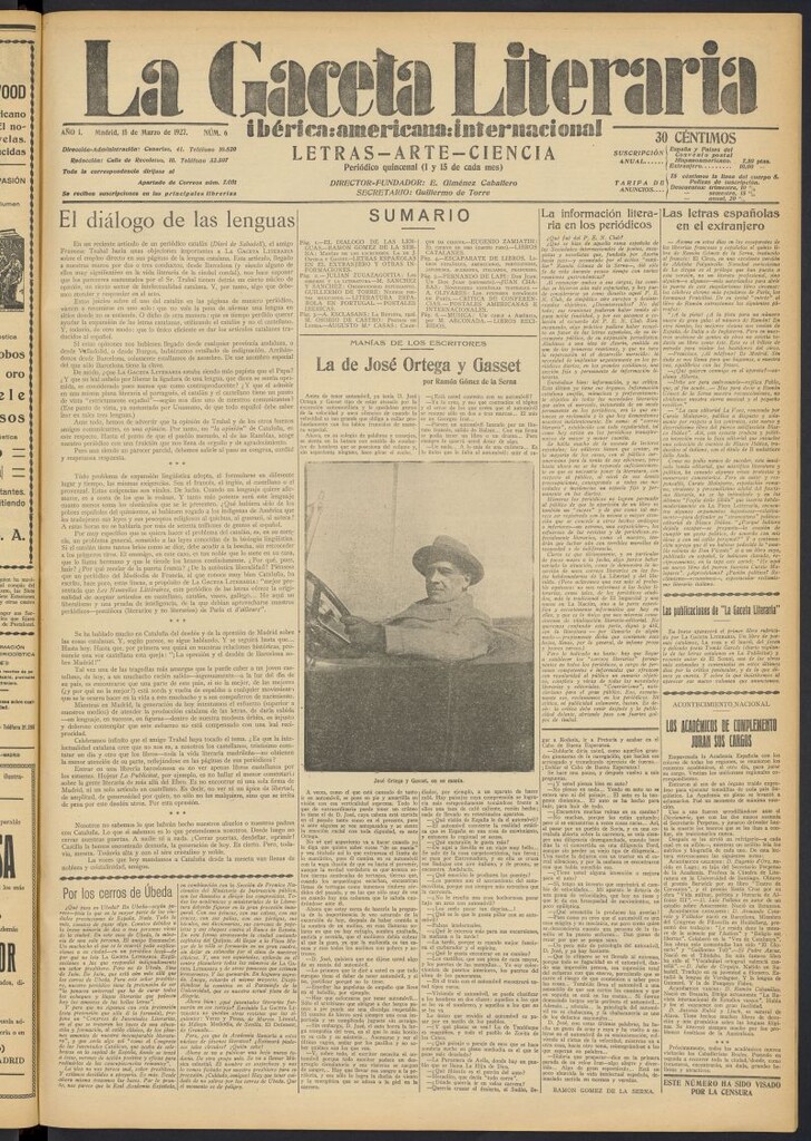 Miniatura de La Gaceta Literaria : ibérica, americana, internacional del 15 de marzo de 1927, nº 6