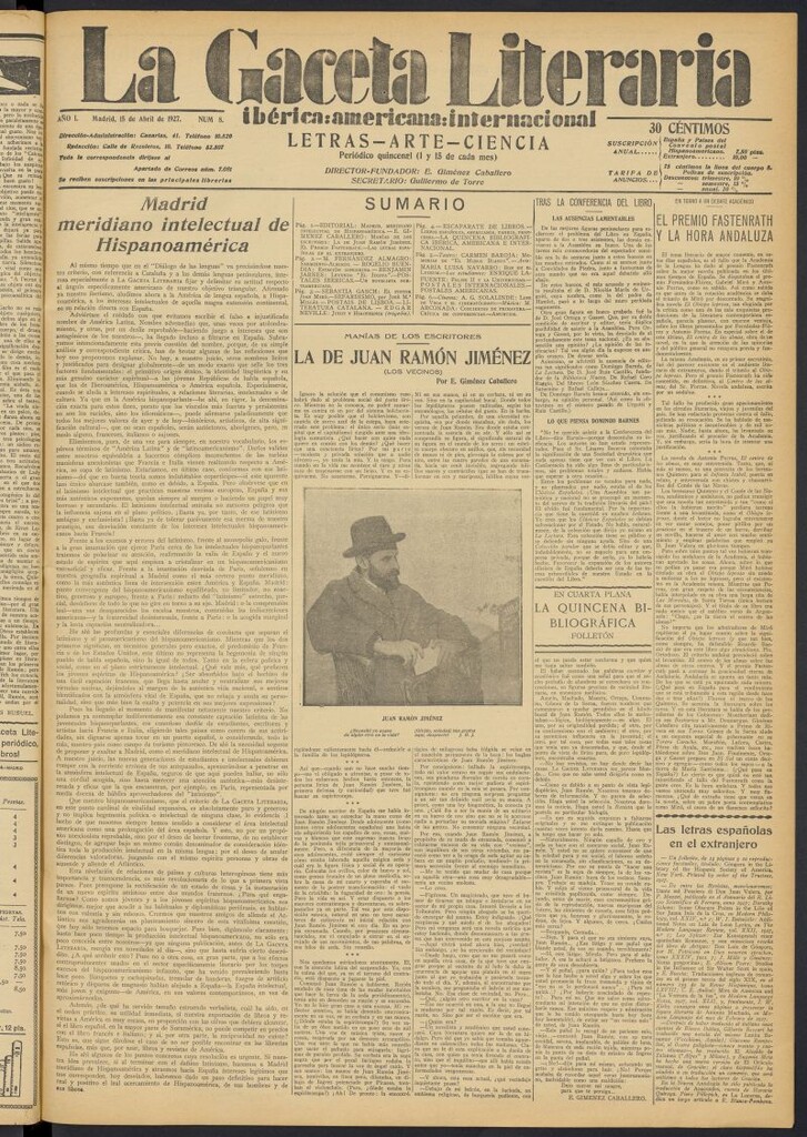 Miniatura de La Gaceta Literaria : ibérica, americana, internacional del 15 de abril de 1927, nº 8