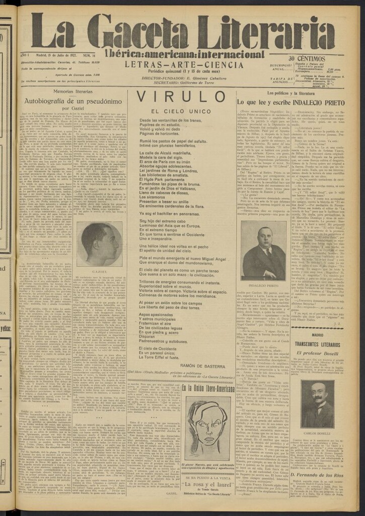 Miniatura de La Gaceta Literaria : ibérica, americana, internacional del 15 de julio de 1927, nº 14