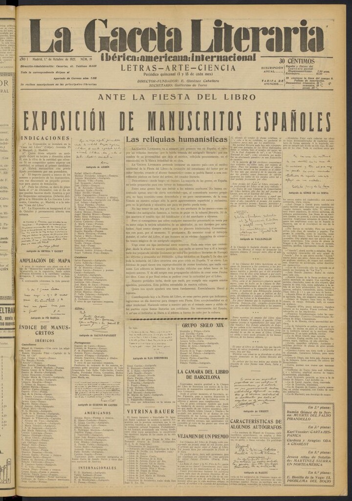 Miniatura de La Gaceta Literaria : ibérica, americana, internacional del 1 de octubre de 1927, nº 19