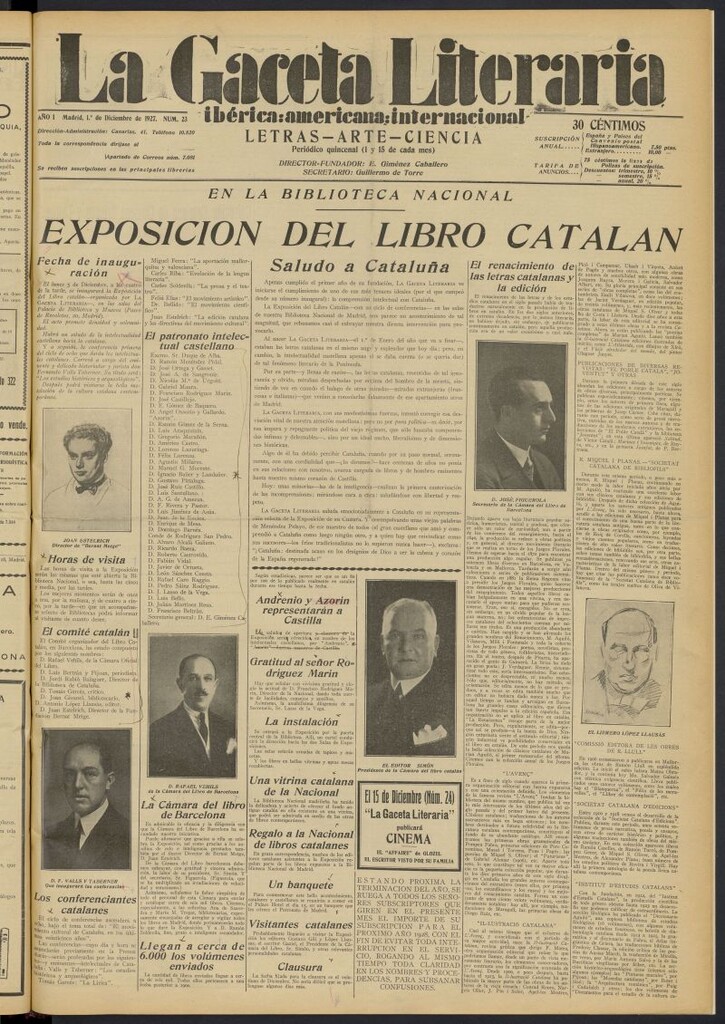 Miniatura de La Gaceta Literaria : ibérica, americana, internacional del 1 de diciembre de 1927, nº 23