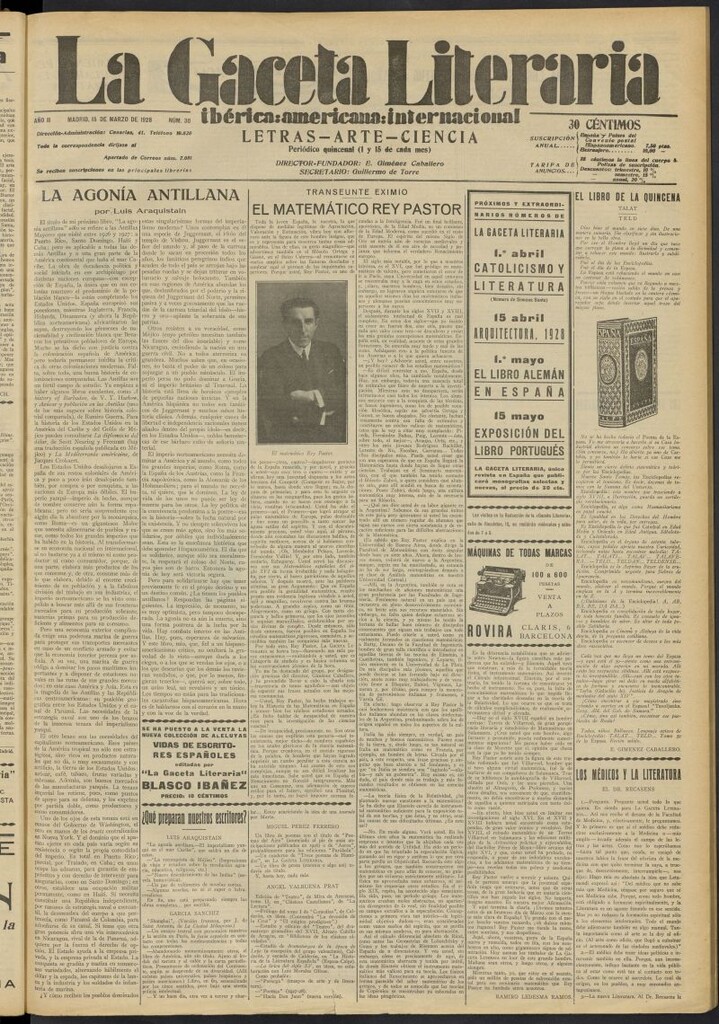 Miniatura de La Gaceta Literaria : ibérica, americana, internacional del 15 de marzo de 1928, nº 30