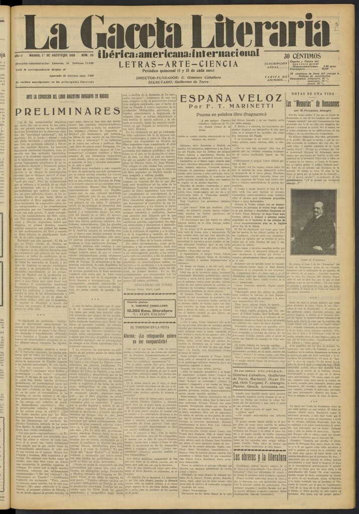 Miniatura de La Gaceta Literaria : ibérica, americana, internacional del 1 de agosto de 1928, nº 39