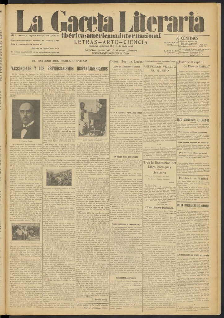 Miniatura de La Gaceta Literaria : ibérica, americana, internacional del 1 de diciembre de 1928, nº 47
