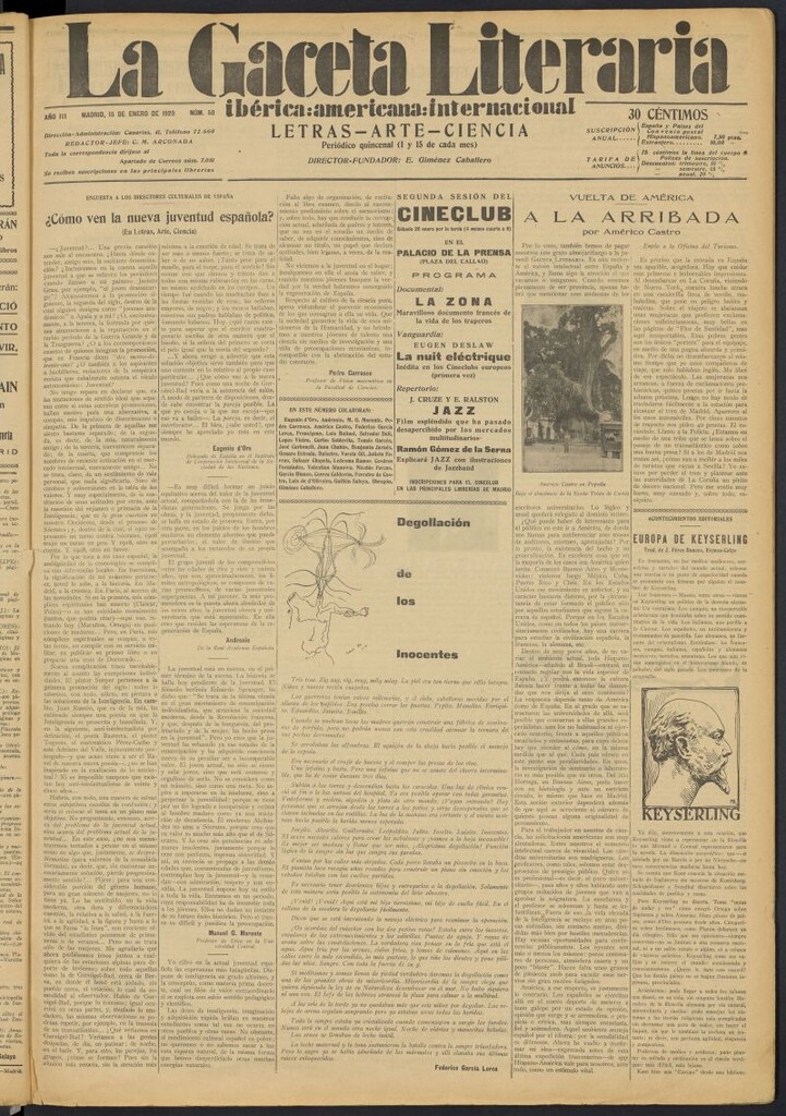 Miniatura de La Gaceta Literaria : ibérica, americana, internacional del 15 de enero de 1929, nº 50