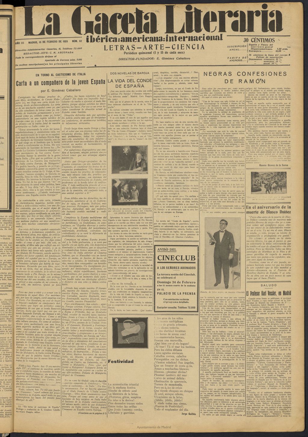 Miniatura de La Gaceta Literaria : ibérica, americana, internacional del 15 de febrero de 1929, nº 52
