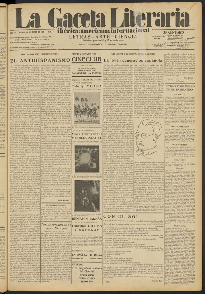 Miniatura de La Gaceta Literaria : ibérica, americana, internacional del 15 de marzo de 1929, nº 54