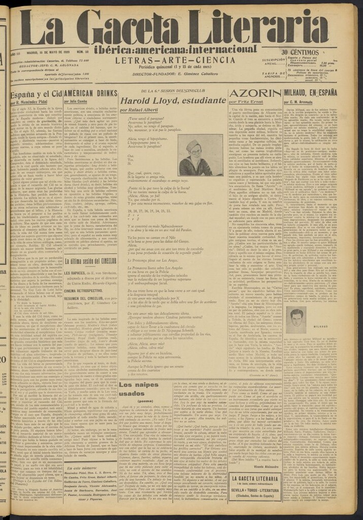 Miniatura de La Gaceta Literaria : ibérica, americana, internacional del 15 de mayo de 1929, nº 58