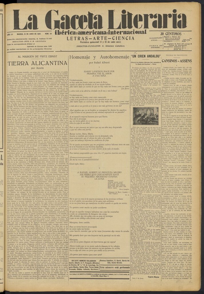 Miniatura de La Gaceta Literaria : ibérica, americana, internacional del 15 de junio de 1929, nº 60