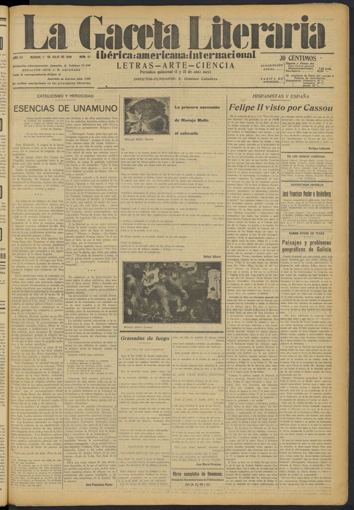Miniatura de La Gaceta Literaria : ibérica, americana, internacional del 1 de julio de 1929, nº 61