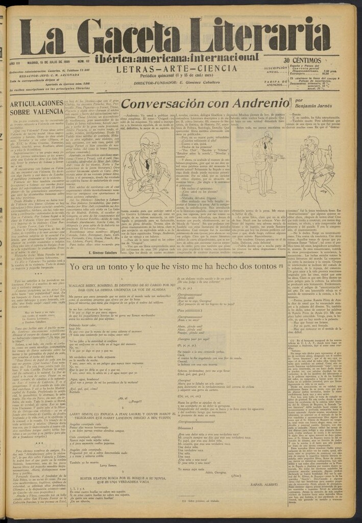Miniatura de La Gaceta Literaria : ibérica, americana, internacional del 15 de julio de 1929, nº 62