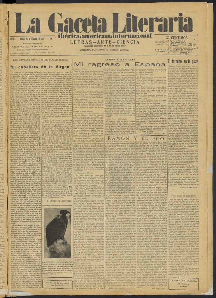 Miniatura de La Gaceta Literaria : ibérica, americana, internacional del 15 de diciembre de 1929, nº 72