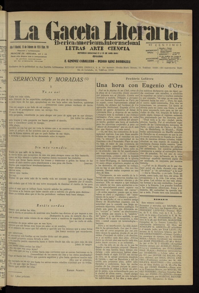 Miniatura de La Gaceta Literaria : ibérica, americana, internacional del 15 de febrero de 1931, nº 99