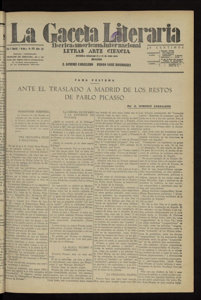 Miniatura de La Gaceta Literaria : ibérica, americana, internacional del 1 de marzo de 1931, nº 100