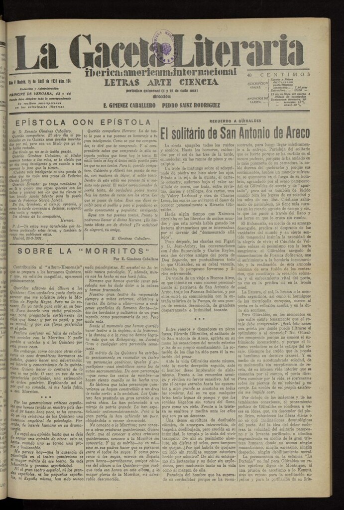Miniatura de La Gaceta Literaria : ibérica, americana, internacional del 15 de abril de 1931, nº 104