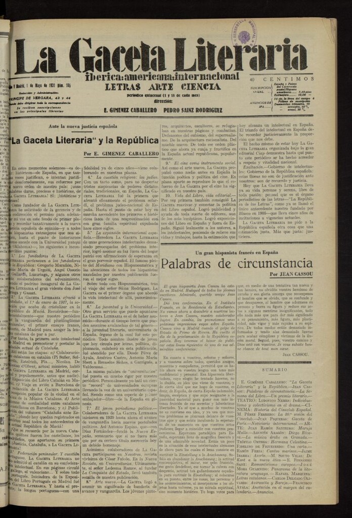 Miniatura de La Gaceta Literaria : ibérica, americana, internacional del 1 de mayo de 1931, nº 105
