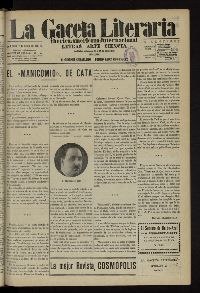 Miniatura de La Gaceta Literaria : ibérica, americana, internacional del 15 de junio de 1931, nº 108