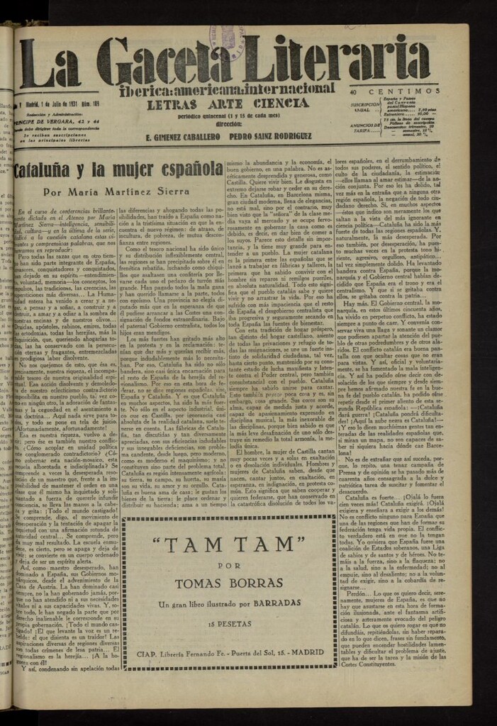 Miniatura de La Gaceta Literaria : ibérica, americana, internacional del 1 de julio de 1931, nº 109