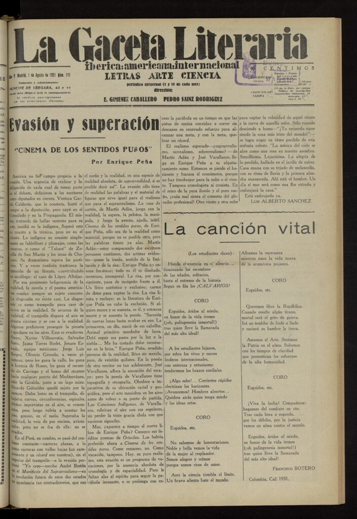 Miniatura de La Gaceta Literaria : ibérica, americana, internacional del 1 de agosto de 1931, nº 111