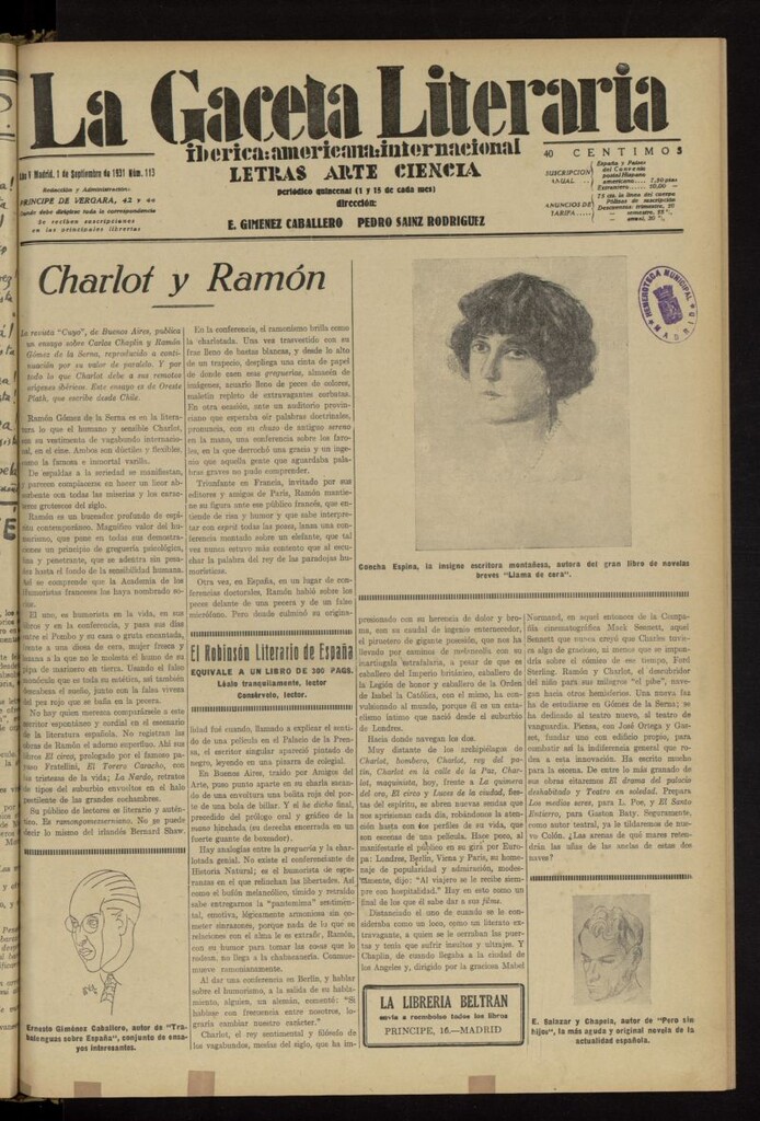 Miniatura de La Gaceta Literaria : ibérica, americana, internacional del 1 de septiembre de 1931, nº 113