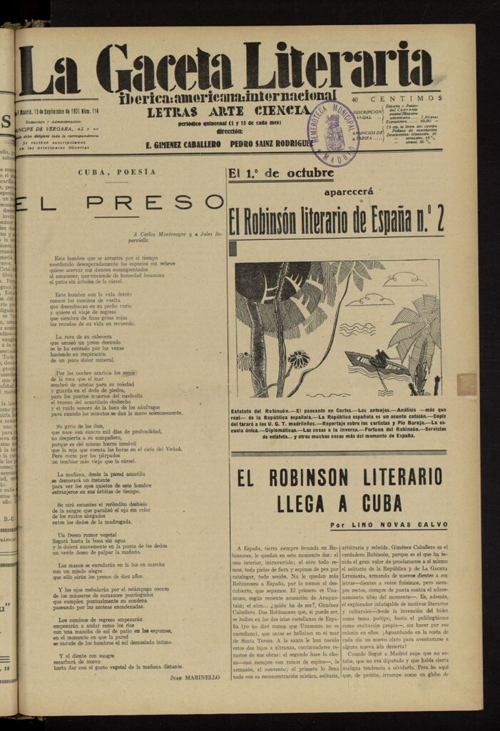Miniatura de La Gaceta Literaria : ibérica, americana, internacional del 15 de septiembre de 1931, nº 114