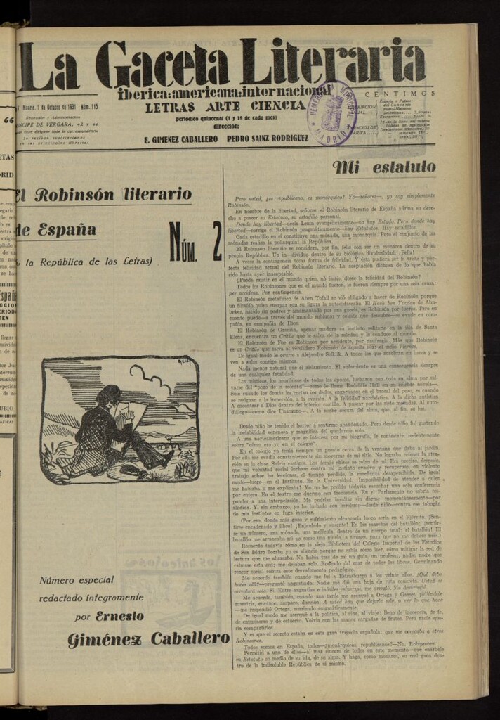 Miniatura de La Gaceta Literaria : ibérica, americana, internacional del 1 de octubre de 1931, nº 115