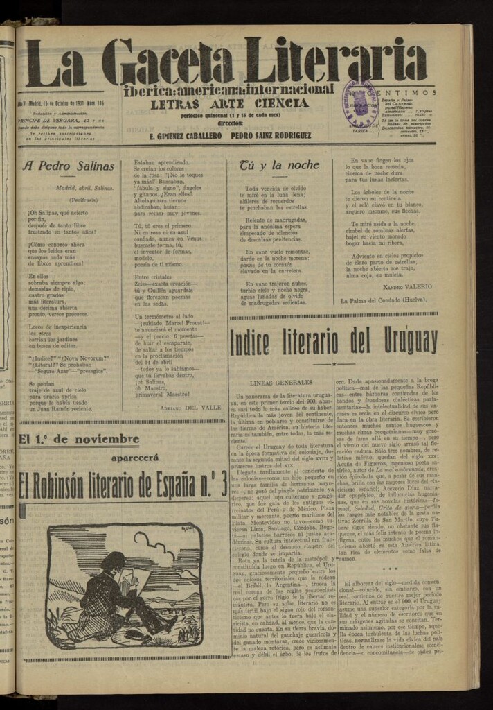 Miniatura de La Gaceta Literaria : ibérica, americana, internacional del 15 de octubre de 1931, nº 116