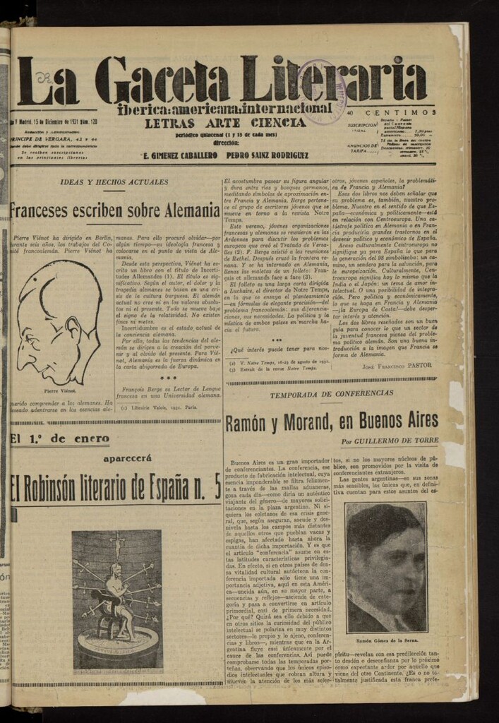 Miniatura de La Gaceta Literaria : ibérica, americana, internacional del 15 de diciembre de 1931, nº 120
