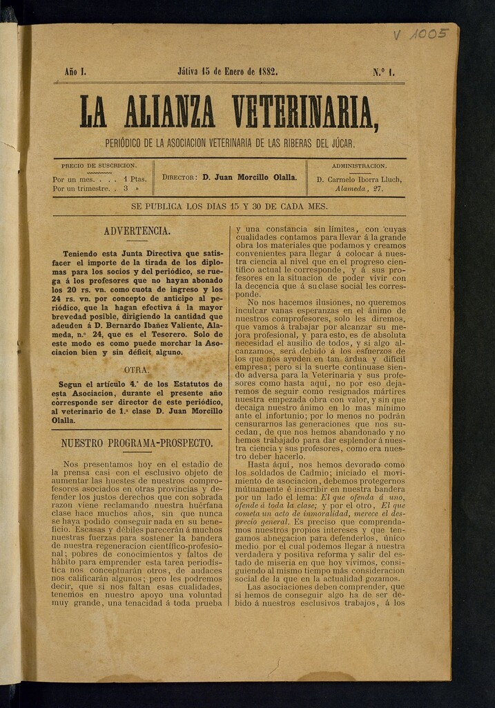 Miniatura de La alianza veterinaria, periódico de la Asociación veterinaria de las riberas del Júcar del 15 de enero de 1882