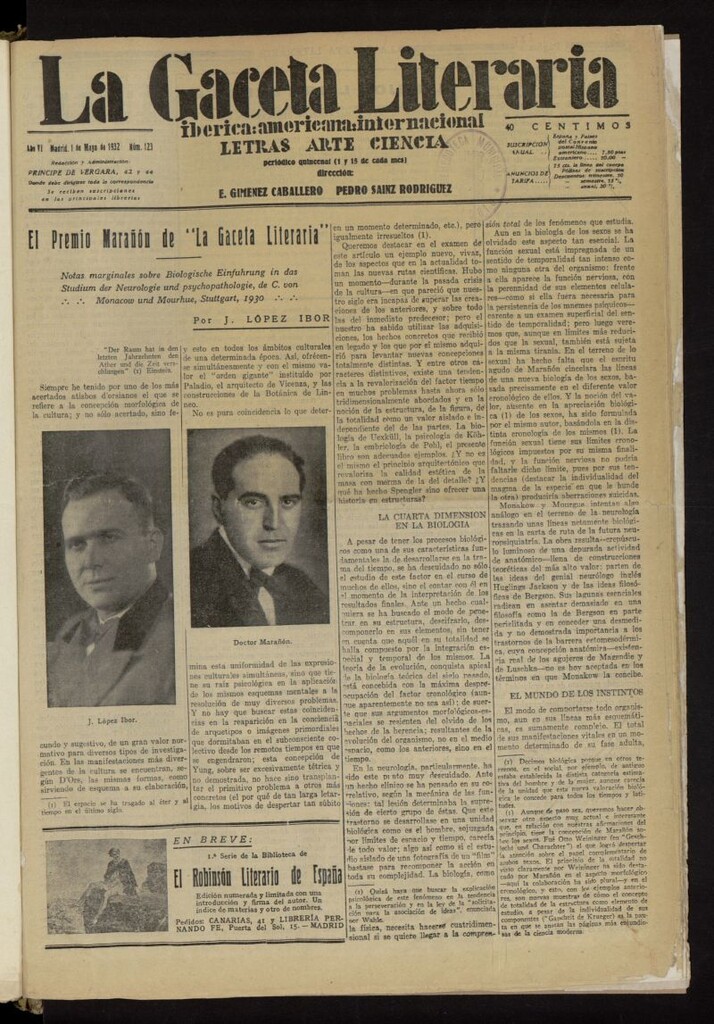 Miniatura de La Gaceta Literaria : ibérica, americana, internacional del 1 de mayo de 1932, nº 123