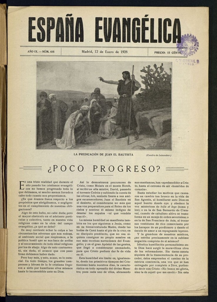 Miniatura de España Evangélica del 12 de enero de 1928, nº 416