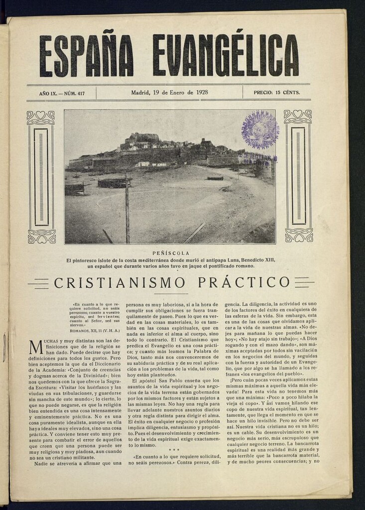 Miniatura de España Evangélica del 19 de enero de 1928, nº 417