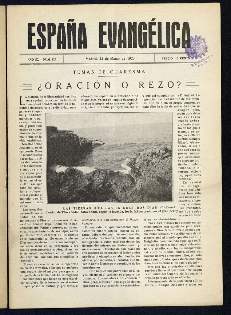 Miniatura de España Evangélica del 15 de marzo de 1928, nº 425