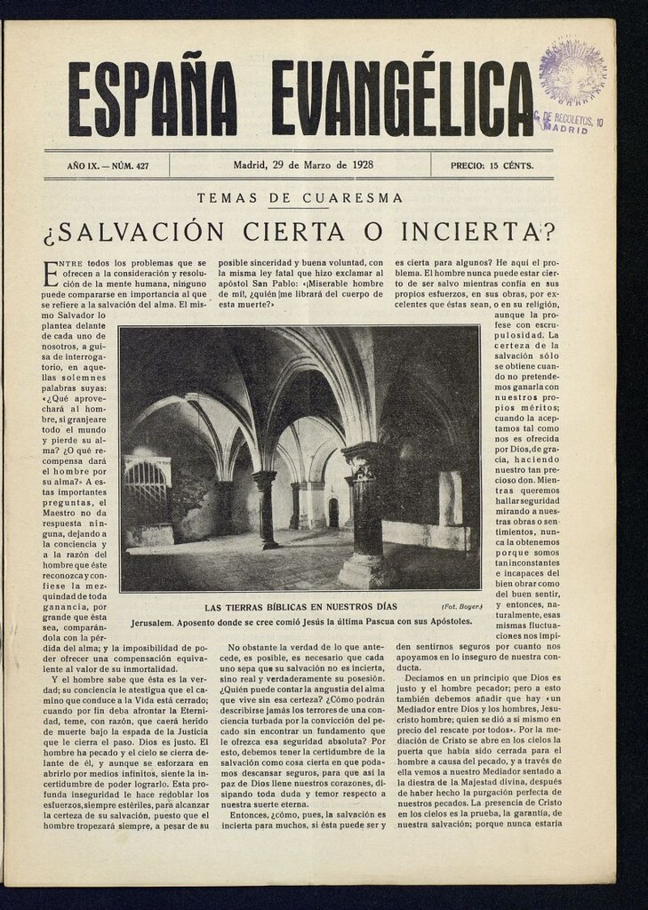 Miniatura de España Evangélica del 29 de marzo de 1928, nº 427