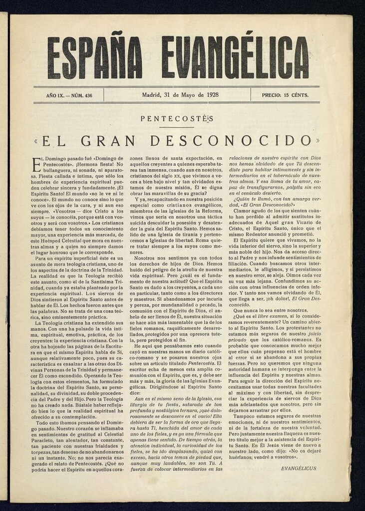Miniatura de España Evangélica del 31 de mayo de 1928, nº 436