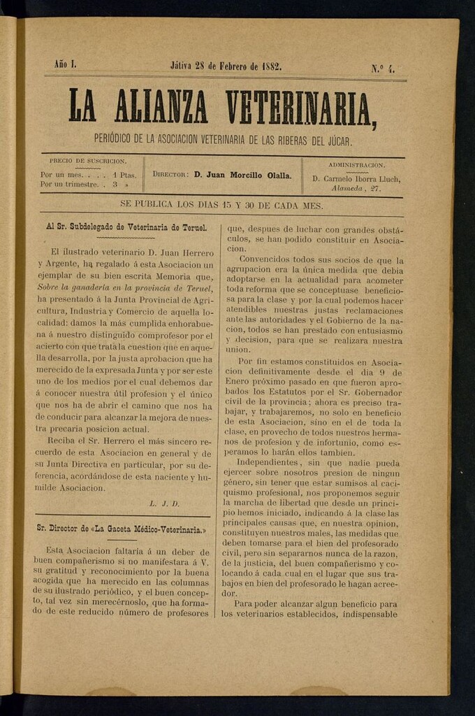 Miniatura de La alianza veterinaria, periódico de la Asociación veterinaria de las riberas del Júcar del 28 de febrero de 1882