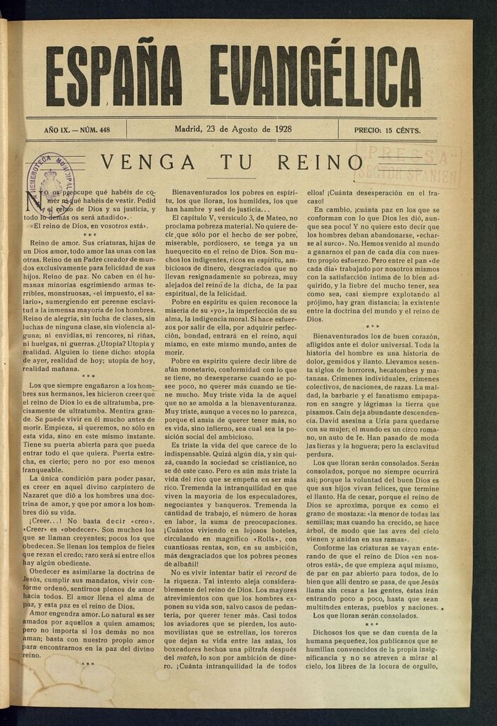 Miniatura de España Evangélica del 23 de agosto de 1928, nº 448