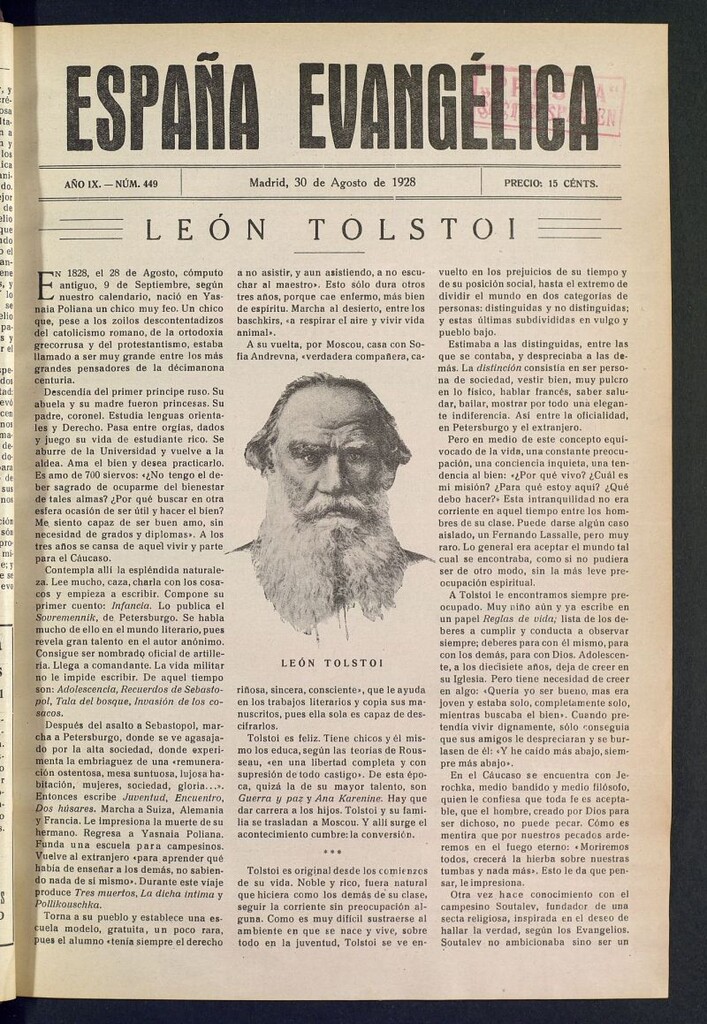 Miniatura de España Evangélica del 30 de agosto de 1928, nº 449