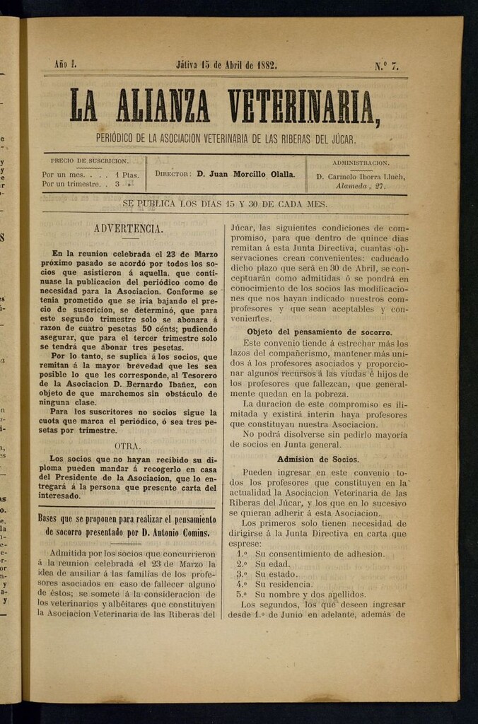 Miniatura de La alianza veterinaria, periódico de la Asociación veterinaria de las riberas del Júcar del 15 de abril de 1882