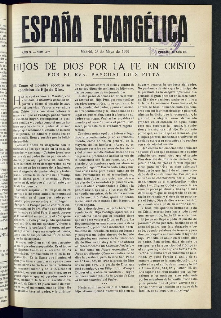 Miniatura de España Evangélica del 23 de mayo de 1929, nº 487