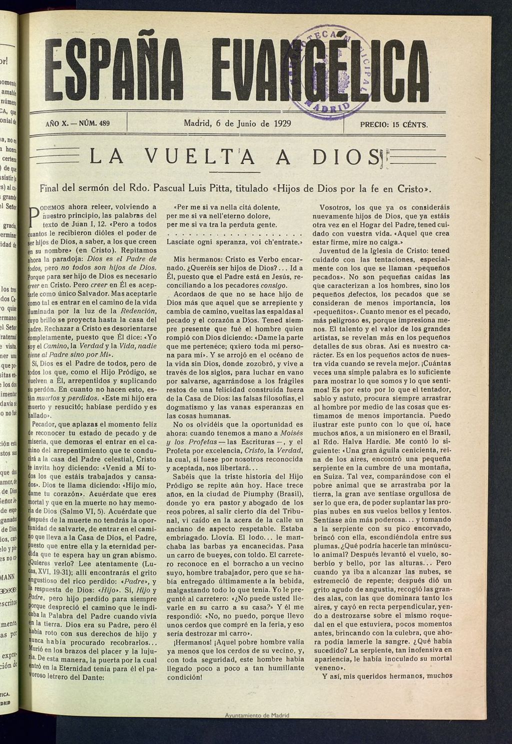 Miniatura de España Evangélica del 6 de junio de 1929, nº 489