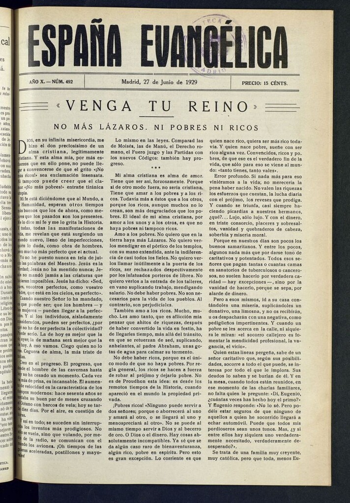Miniatura de España Evangélica del 27 de junio de 1929, nº 492