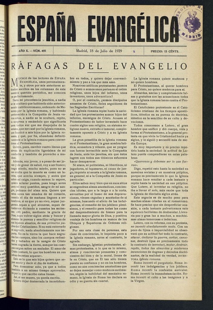 Miniatura de España Evangélica del 18 de julio de 1929, nº 495
