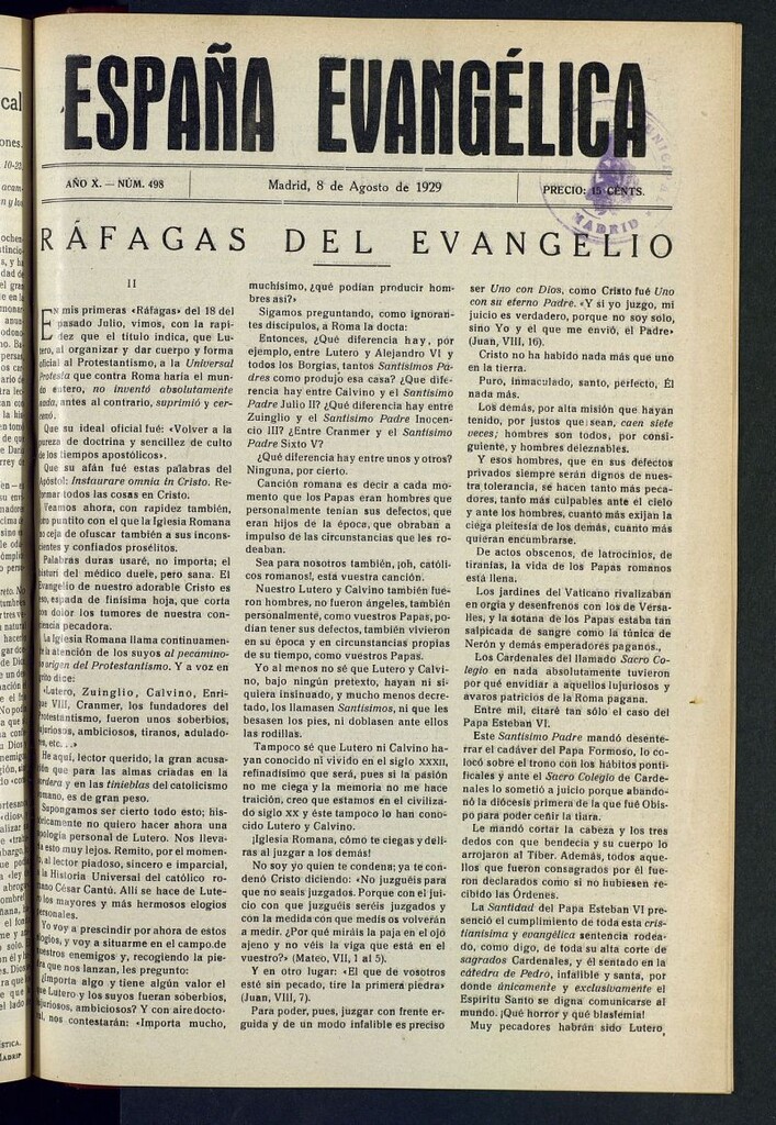 Miniatura de España Evangélica del 8 de agosto de 1929, nº 498