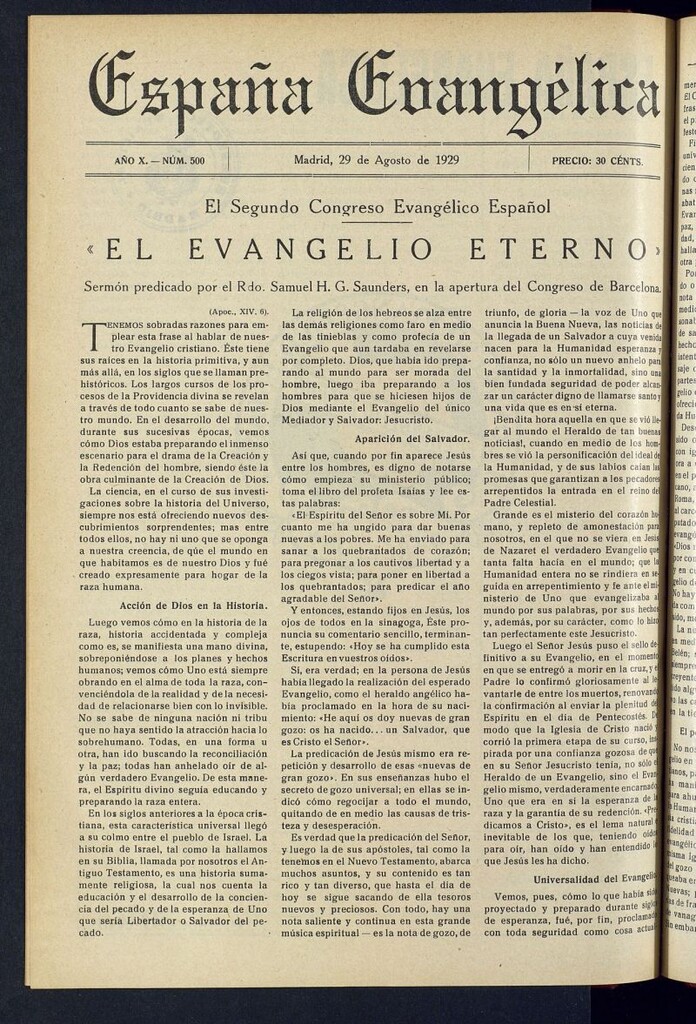 Miniatura de España Evangélica del 29 de agosto de 1929, nº 500