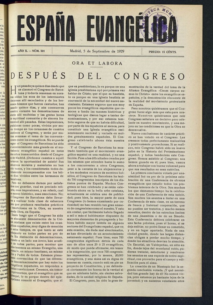 Miniatura de España Evangélica del 5 de septiembre de 1929, nº 501